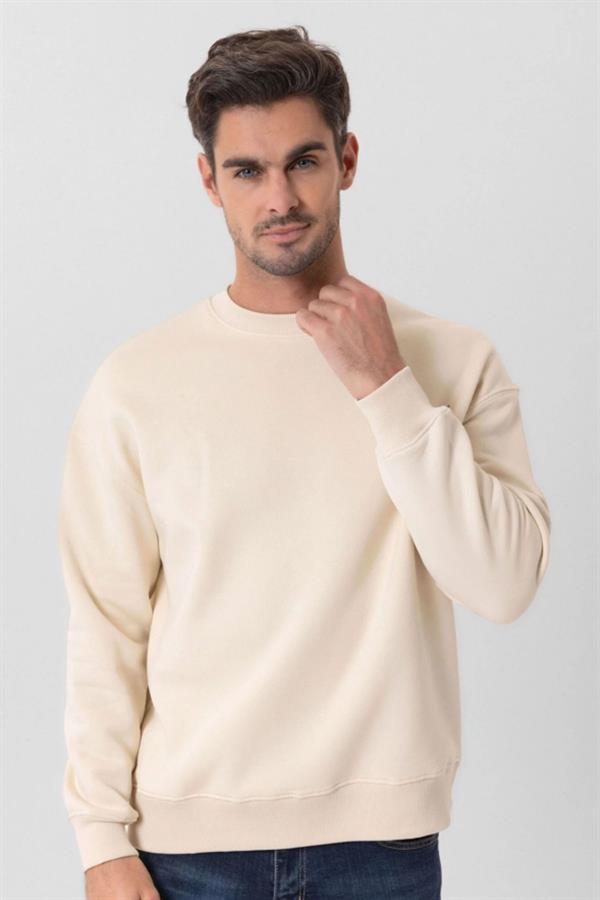 Escetic Ekru İçi Polarlı 3 İplik Oversize Erkek Sweatshirt T0129