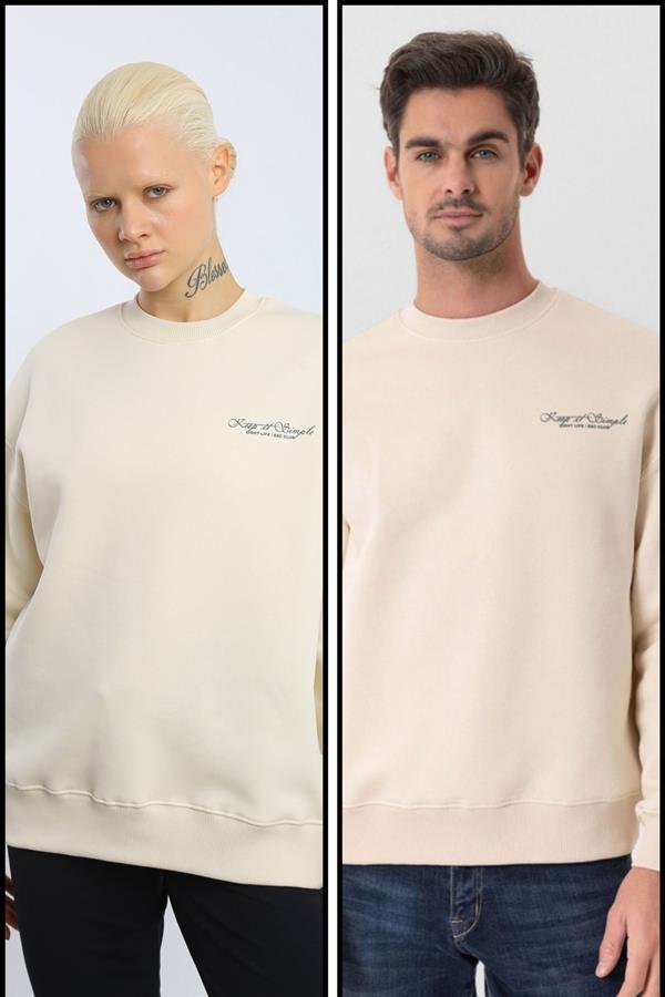 Escetic Ekru İçi Polarlı 3 İplik Oversize Erkek Sweatshirt T0129