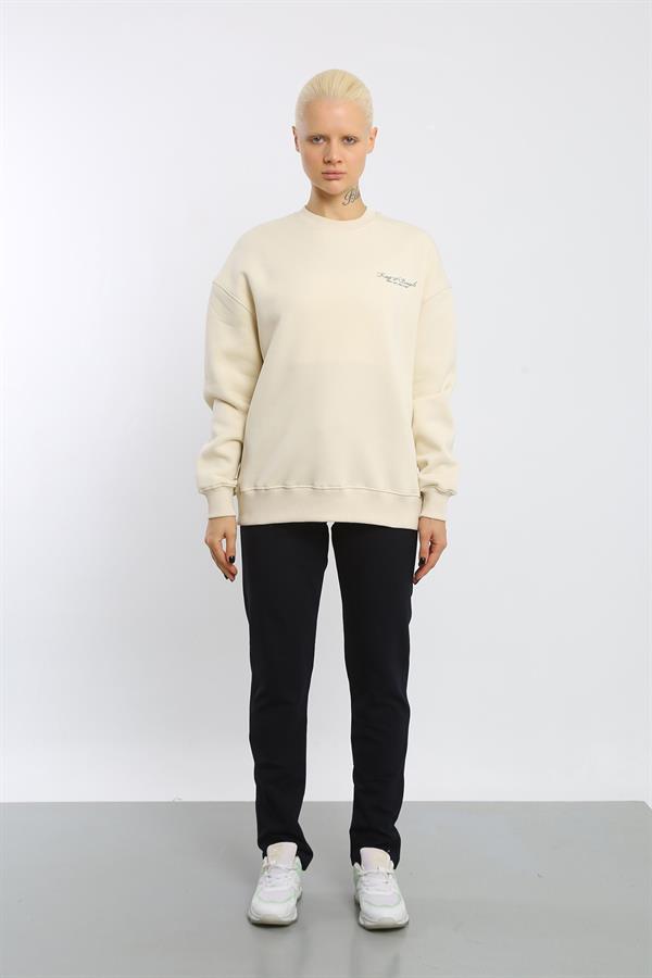 Escetic Ekru İçi Polarlı 3 İplik Oversize Kadın Sweatshirt T0129
