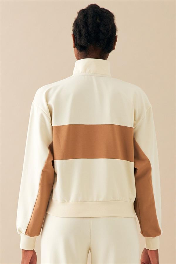 Escetic Ekru Kadın Casual Dik Yaka Nefes Alan 2 İplik 4 Mevsim Spor Eşofman Takımı A3132