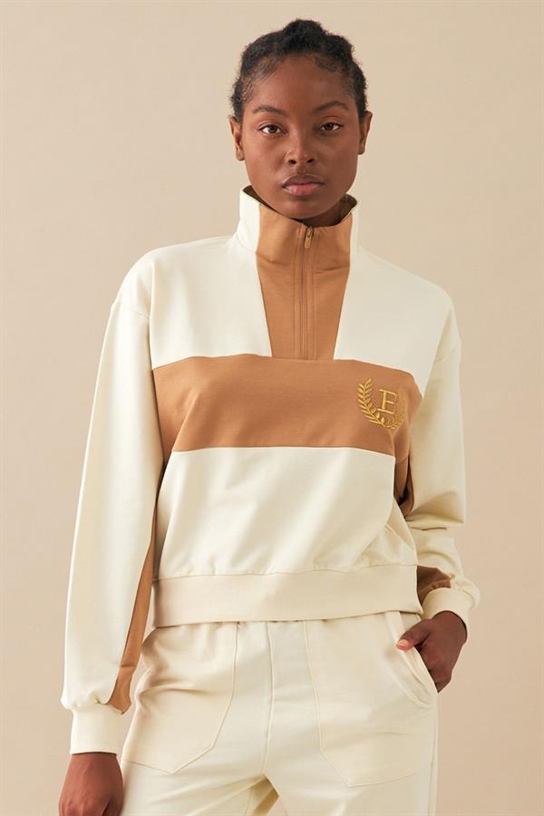 Escetic Ekru Kadın Casual Dik Yaka Nefes Alan 2 İplik 4 Mevsim Spor Eşofman Takımı A3132