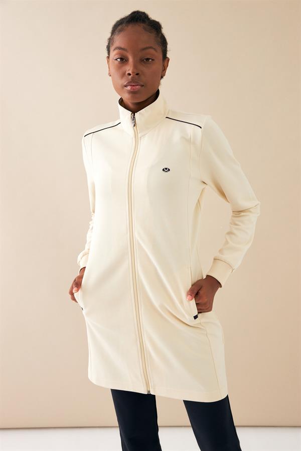 Escetic Ekru Kadın Dik Yaka Nefes Alabilen Modal Kumaş 4 Mevsim Spor Tunik Eşofman Takım 6725