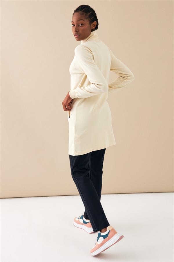 Escetic Ekru Kadın Dik Yaka Nefes Alabilen Modal Kumaş 4 Mevsim Spor Tunik Eşofman Takım 6725