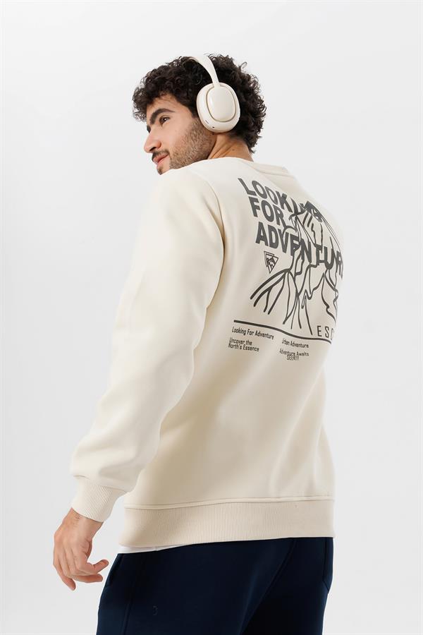 Escetic Ekru Kalın İçi Polarlı O Yaka Regular Kalıp Kışlık Erkek Sweatshirt T0136