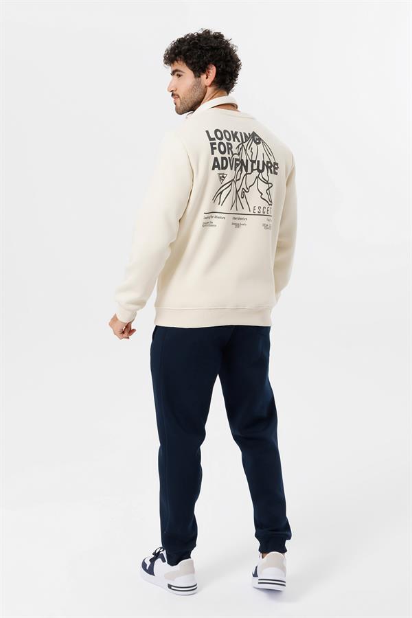 Escetic Ekru Kalın İçi Polarlı O Yaka Regular Kalıp Kışlık Erkek Sweatshirt T0136