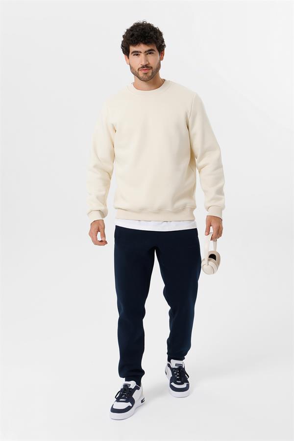 Escetic Ekru Kalın İçi Polarlı O Yaka Regular Kalıp Kışlık Erkek Sweatshirt T0136