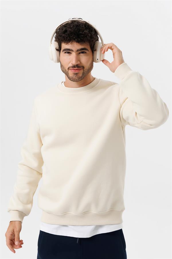 Escetic Ekru Kalın İçi Polarlı O Yaka Regular Kalıp Kışlık Erkek Sweatshirt T0136