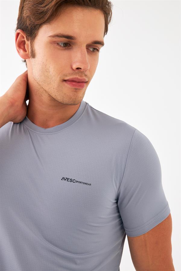 Escetic Erkek Açık Gri Spor Sıfır Yaka Nefes Alan Mini Jakar Kumaş Slimfit T-Shirt T0087