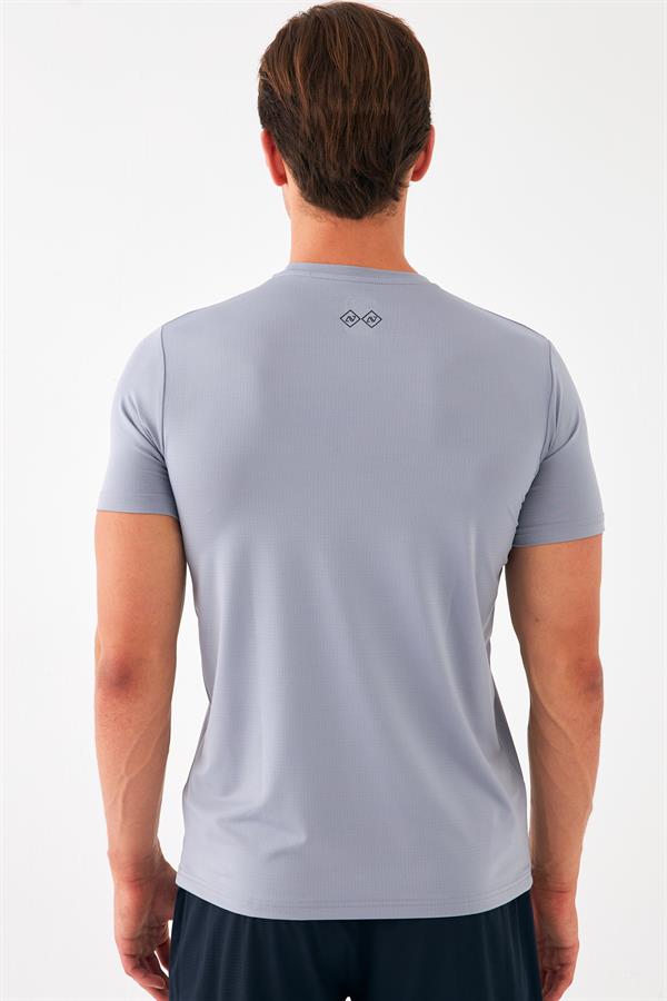 Escetic Erkek Açık Gri Spor Sıfır Yaka Nefes Alan Mini Jakar Kumaş Slimfit T-Shirt T0087