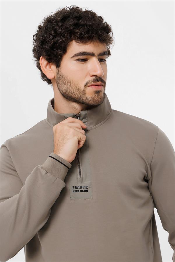 Escetic Erkek Açık Haki Double Face Kumaş Regular Kalıp 4 Mevsim Sweatshirt  T0117