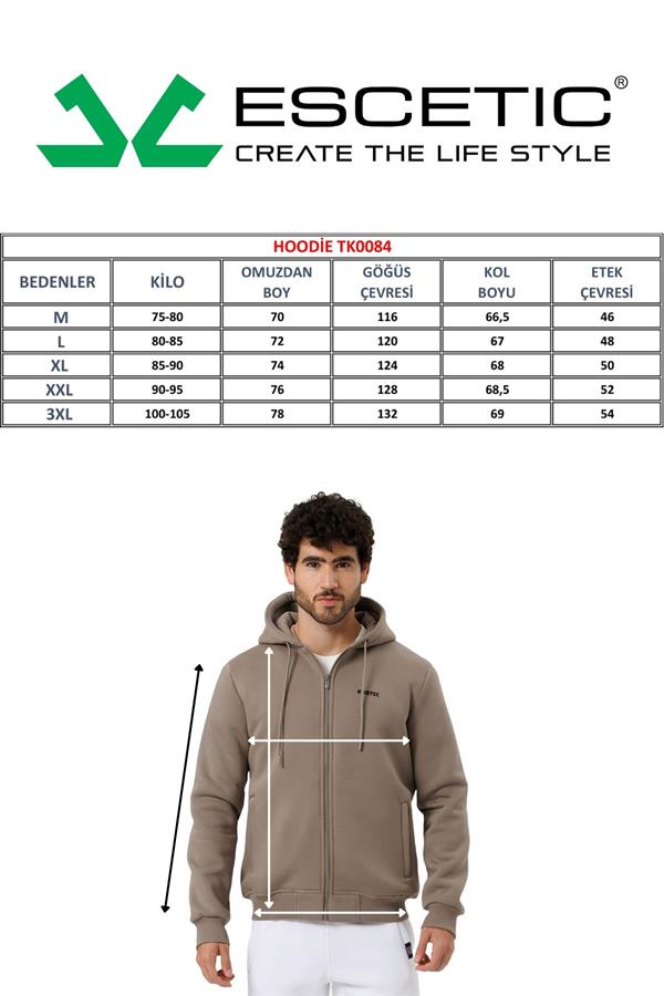 Escetic Erkek Açık Haki İçi Polarlı Kalın 3 İplik Casual Kalıp Erkek Sweatshirt Hoodie TK0084