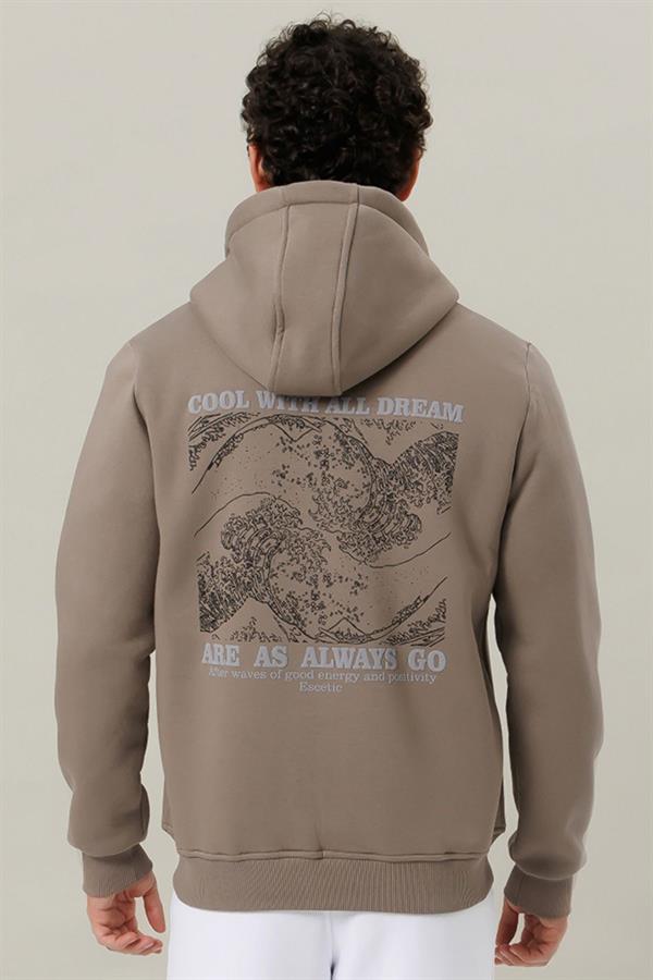 Escetic Erkek Açık Haki İçi Polarlı Kalın 3 İplik Casual Kalıp Erkek Sweatshirt Hoodie TK0084