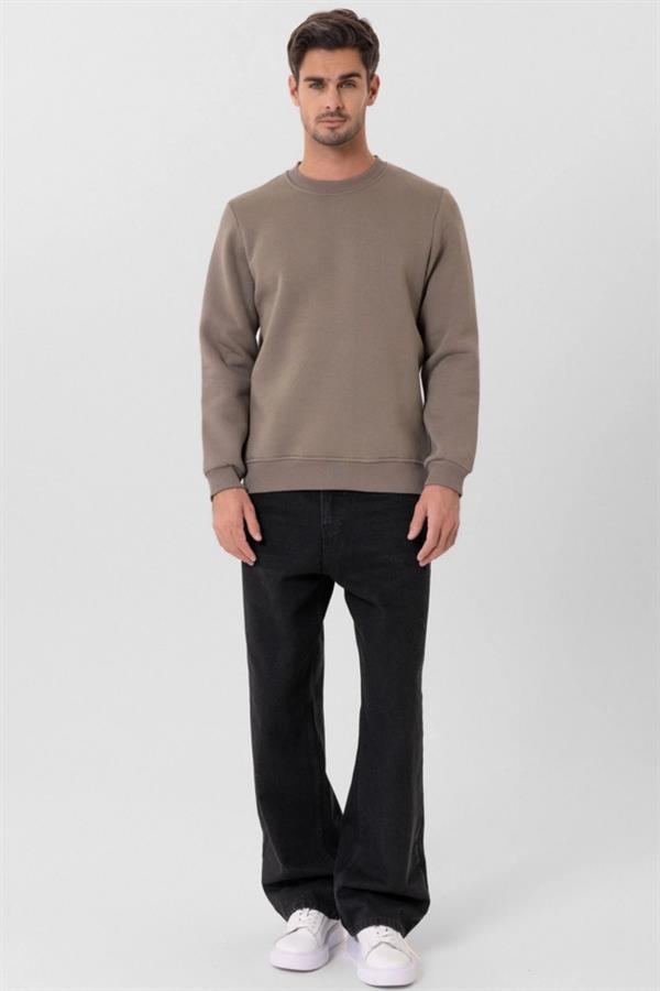 Escetic Açık Haki Kalın İçi Polarlı O Yaka Regular Kalıp Kışlık Erkek Sweatshirt T0137