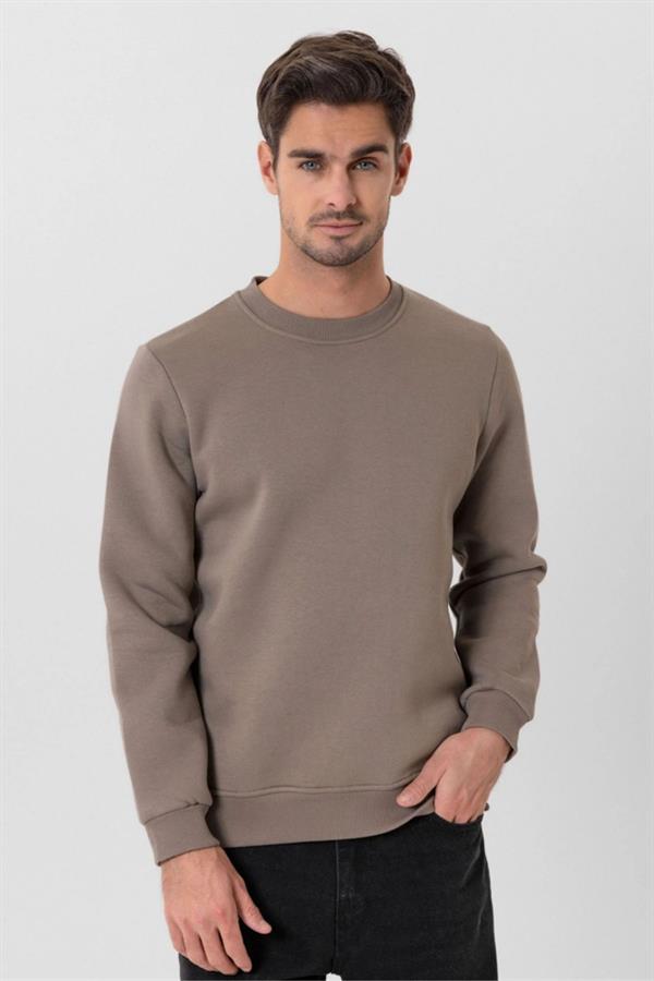 Escetic Açık Haki Kalın İçi Polarlı O Yaka Regular Kalıp Kışlık Erkek Sweatshirt T0137
