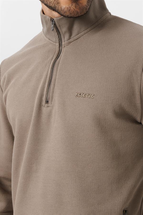 Escetic Erkek Açık Haki Kalın Polarlı Slimfit Kışlık Sweatshirt T0120