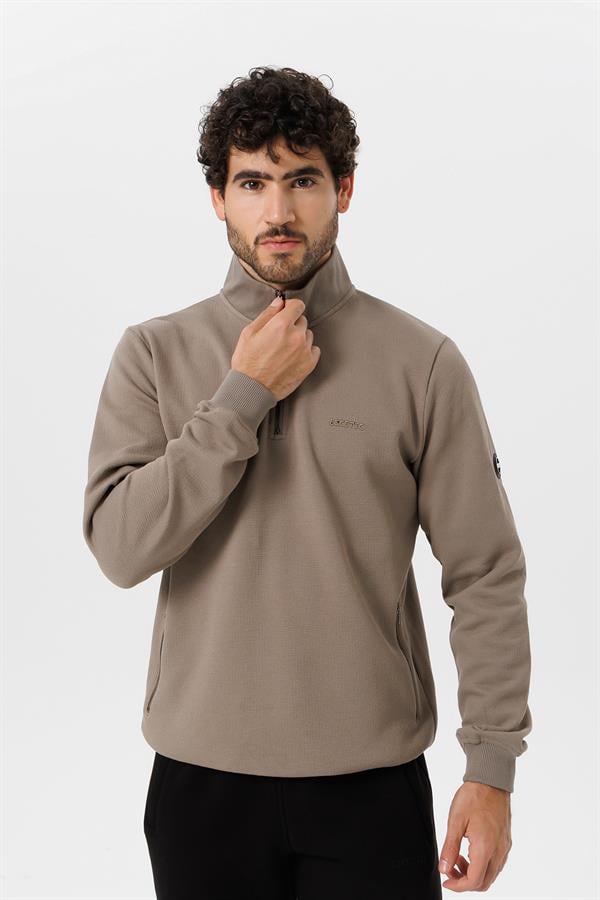 Escetic Erkek Açık Haki Kalın Polarlı Slimfit Kışlık Sweatshirt T0120