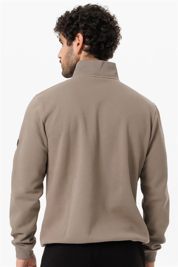 Escetic Erkek Açık Haki Kalın Polarlı Slimfit Kışlık Sweatshirt T0120
