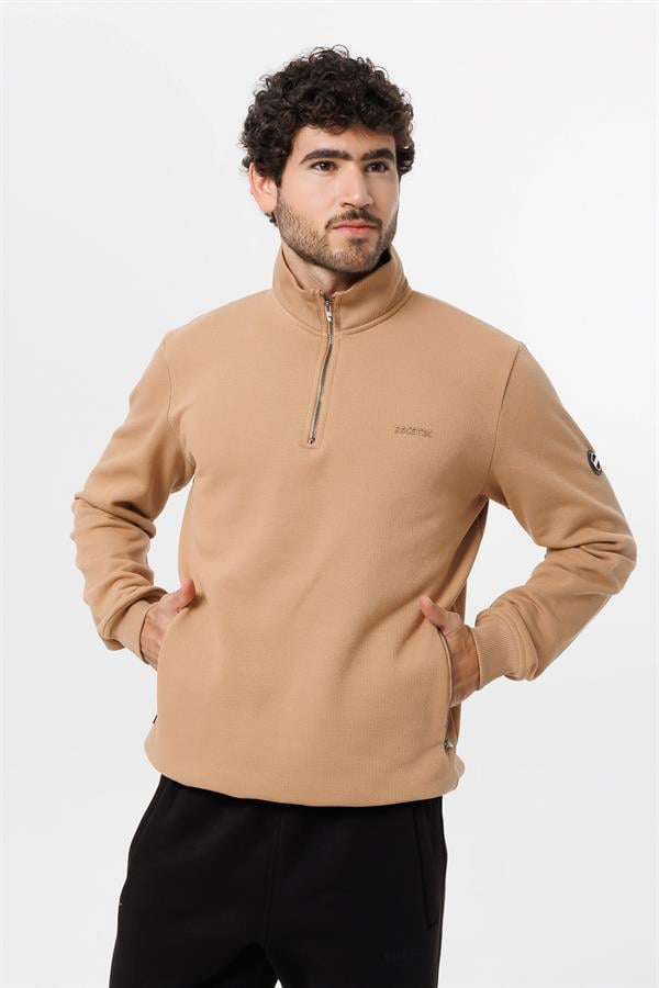 Escetic Erkek Açık Kahve Kalın Polarlı Slimfit Kışlık Sweatshirt T0120