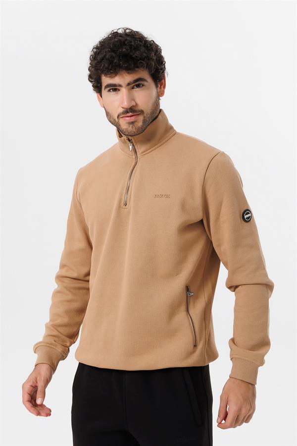 Escetic Erkek Açık Kahve Kalın Polarlı Slimfit Kışlık Sweatshirt T0120
