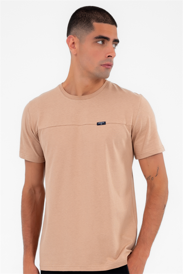 Escetic Erkek Açık Kahve Spor O Yaka Regular Kalıp Nefes Alan %100 Pamuk Süprem Kumaş T-Shirt T0025