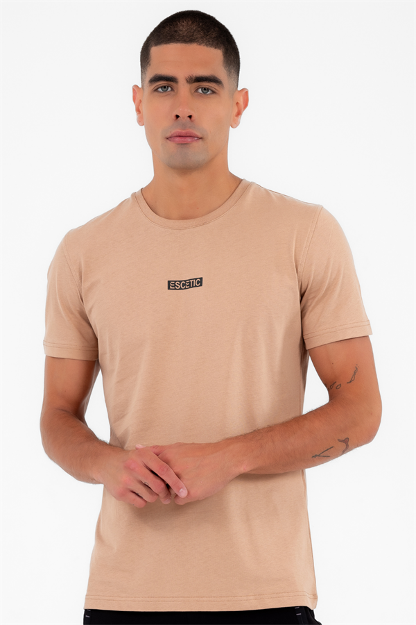 Escetic Erkek Açık Kahve Spor Simit Yaka Slimfit  Nefes Alabilen %100 Pamuk Süprem Kumaş T-Shirt 0994