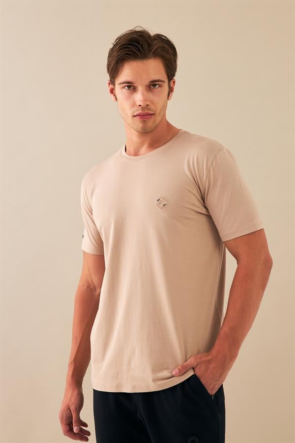 Escetic Erkek Bej Spor Sıfır Yaka Nefes Alan Penye Modal Kumaş Slimfit T-Shirt T0083