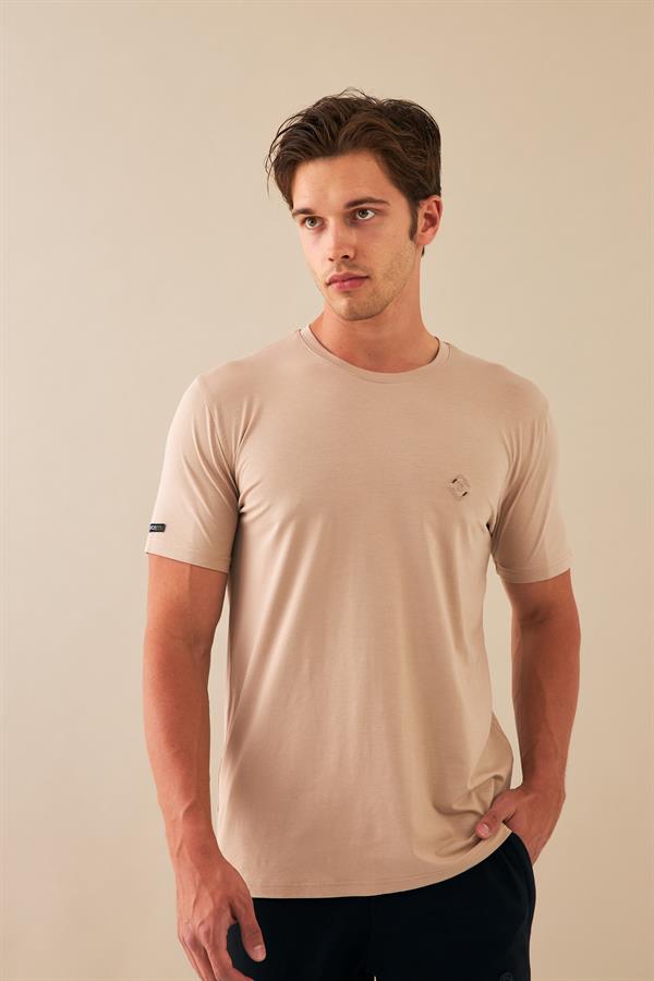 Escetic Erkek Bej Spor Sıfır Yaka Nefes Alan Penye Modal Kumaş Slimfit T-Shirt T0083