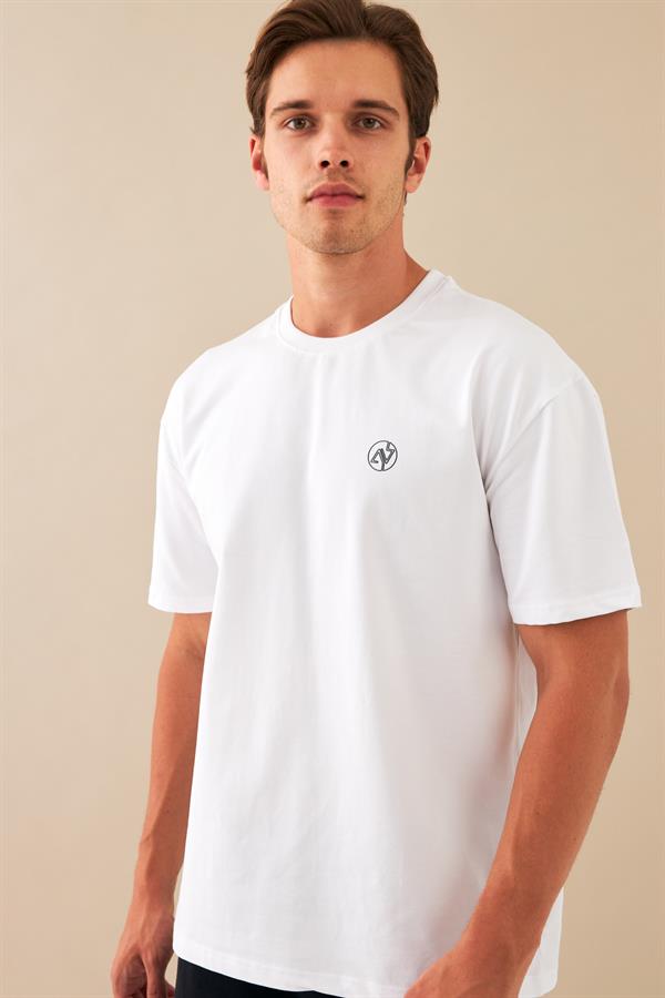 Escetic Erkek Beyaz Spor Baskılı O Yaka Nefes Alan %100 Pamuklu Kumaş Oversize T-Shirt T0086