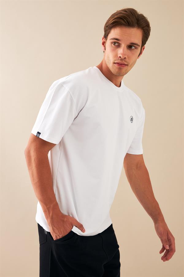 Escetic Erkek Beyaz Spor Baskılı O Yaka Nefes Alan %100 Pamuklu Kumaş Oversize T-Shirt T0086