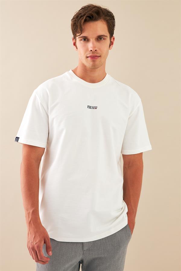 Escetic Erkek Beyaz Spor Baskılı O Yaka Nefes Alan %100 Pamuklu Kumaş Oversize T-Shirt T0078