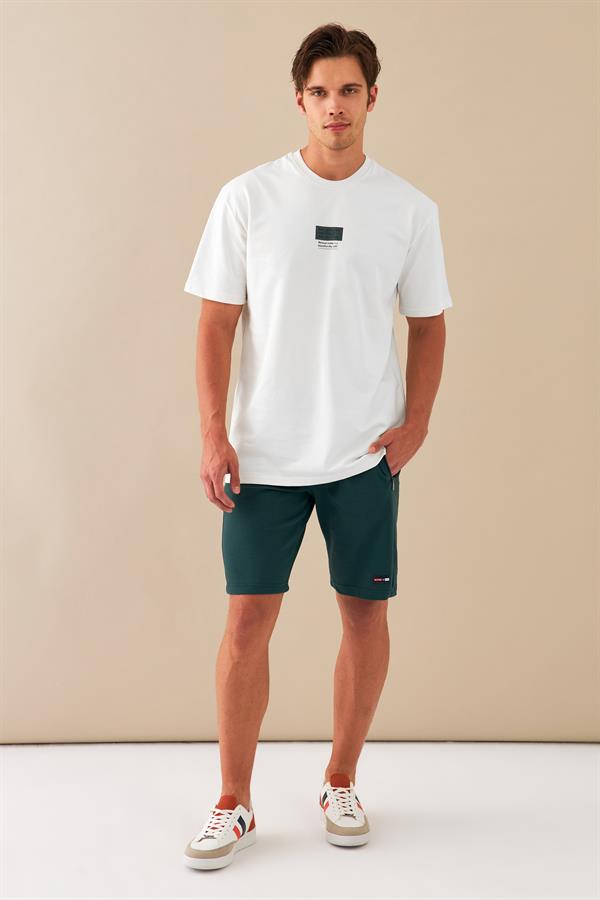 Escetic Erkek Beyaz Spor Baskılı O Yaka Nefes Alan %100 Pamuklu Kumaş Oversize T-Shirt T0070