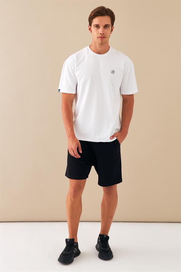Escetic Erkek Beyaz Spor Baskılı O Yaka Nefes Alan %100 Pamuklu Kumaş Oversize T-Shirt T0086