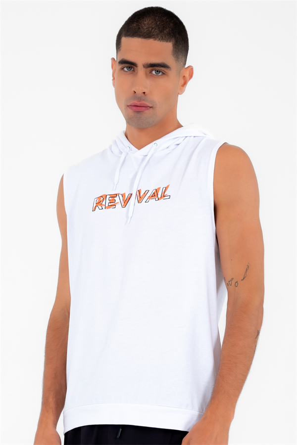 Escetic Erkek Beyaz Spor Kapüşonlu Slimfit Nefes Alabilen %100 Pamuk Süprem Kumaş Kolsuz T-Shirt 0995