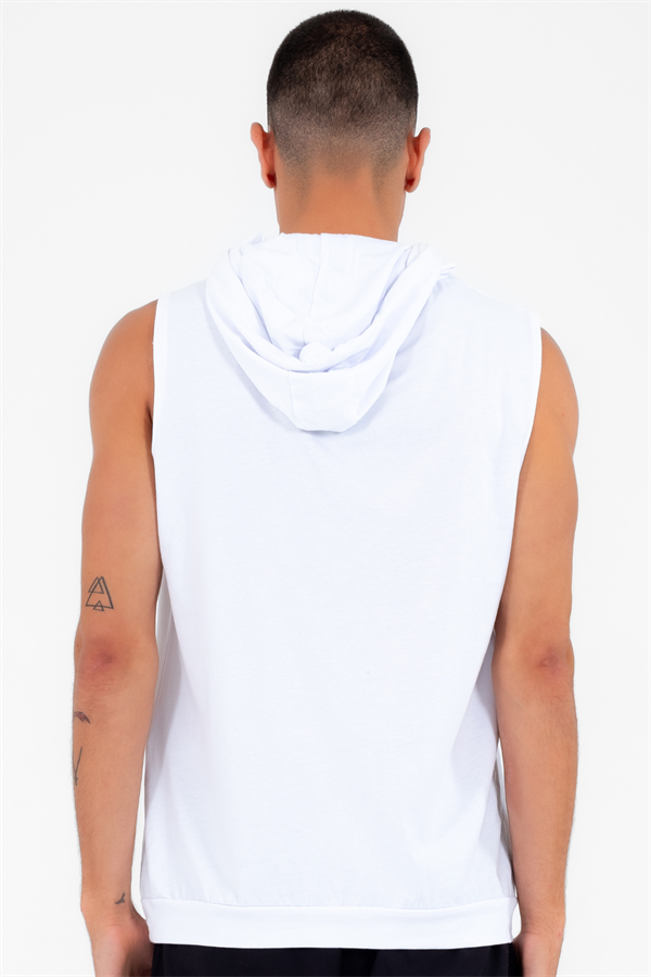 Escetic Erkek Beyaz Spor Kapüşonlu Slimfit Nefes Alabilen %100 Pamuk Süprem Kumaş Kolsuz T-Shirt 0995
