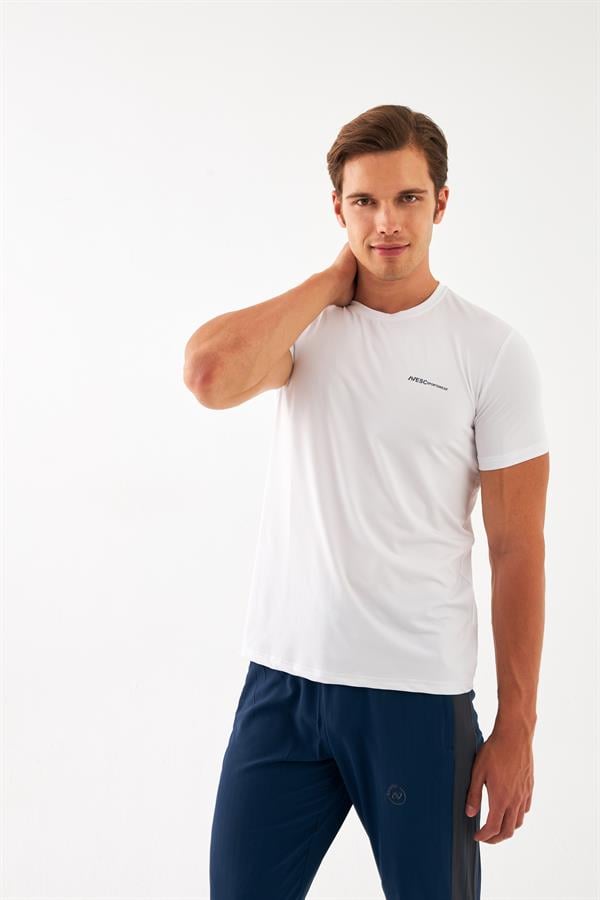 Escetic Erkek Beyaz Spor Sıfır Yaka Nefes Alan Mini Jakar Kumaş Slimfit T-Shirt T0087