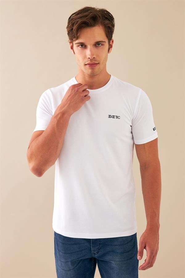 Escetic Erkek Beyaz Spor Sıfır Yaka Nefes Alan Merserize Pamuk Kumaş Slimfit T-Shirt T0095