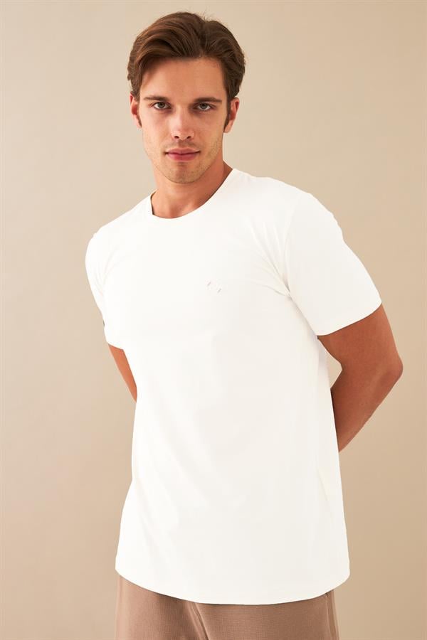 Escetic Erkek Beyaz Spor Sıfır Yaka Nefes Alan Penye Modal Kumaş Slimfit T-Shirt T0083