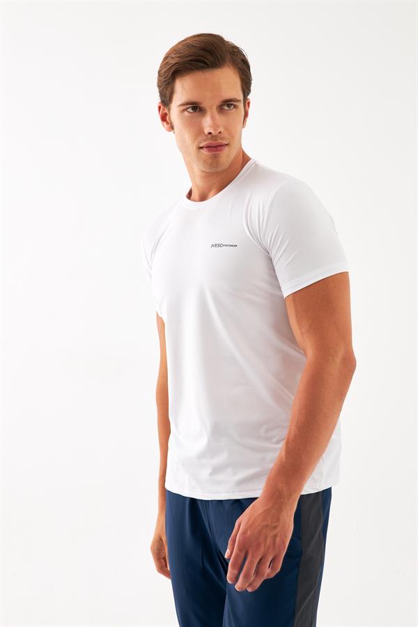 Escetic Erkek Beyaz Spor Sıfır Yaka Nefes Alan Mini Jakar Kumaş Slimfit T-Shirt T0087