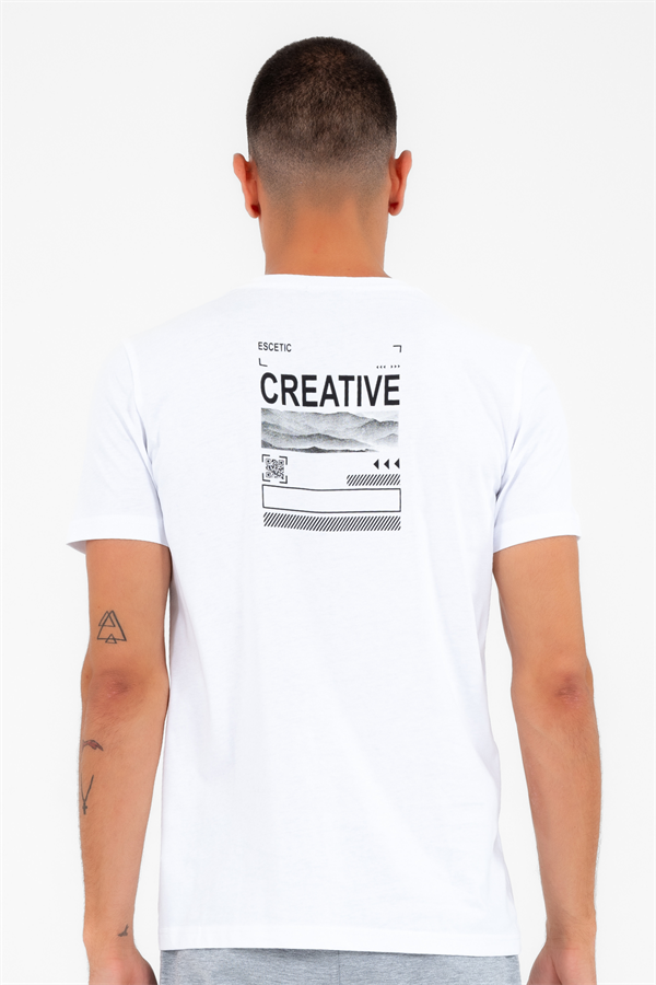 Escetic Erkek Beyaz Spor Simit Yaka Slimfit  Nefes Alabilen %100 Pamuk Süprem Kumaş T-Shirt 0994
