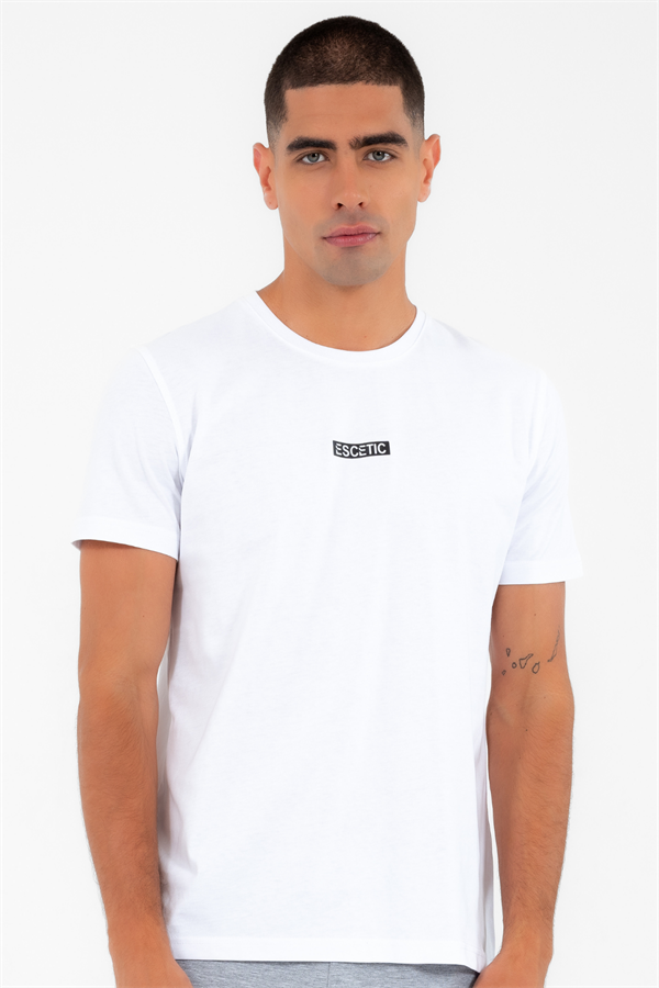 Escetic Erkek Beyaz Spor Simit Yaka Slimfit  Nefes Alabilen %100 Pamuk Süprem Kumaş T-Shirt 0994