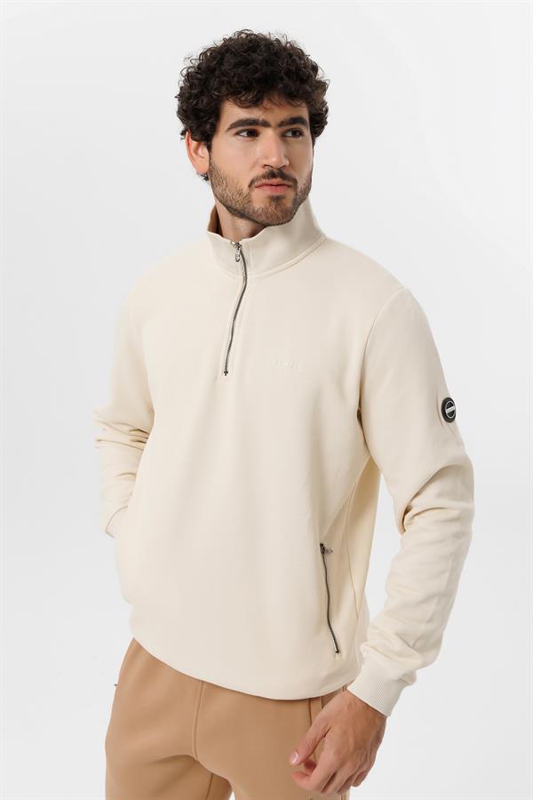 Escetic Erkek Ekru Kalın Polarlı Slimfit Kışlık Sweatshirt T0120