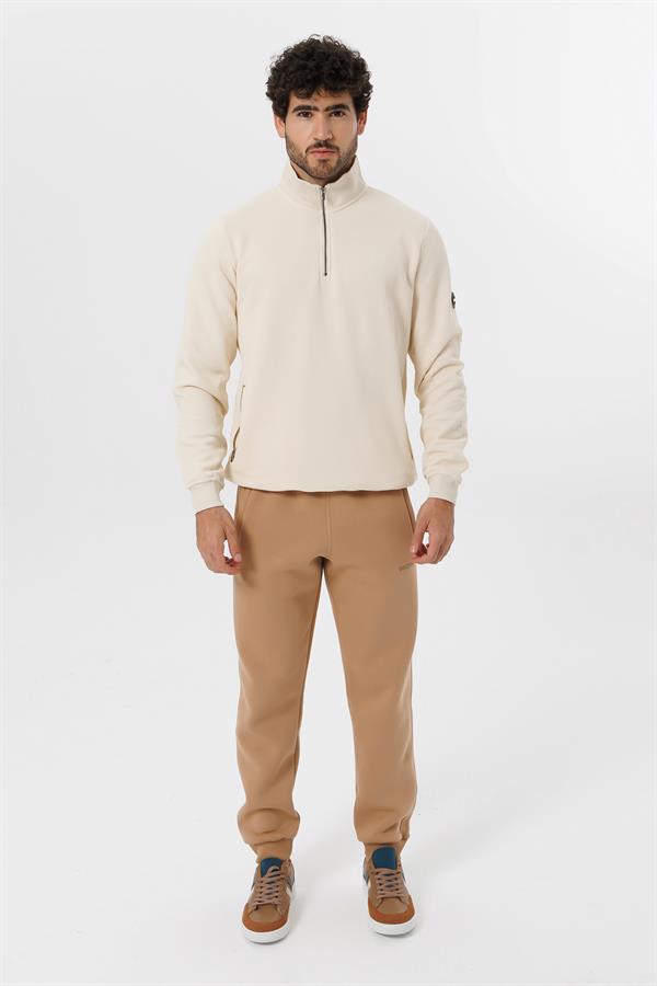 Escetic Erkek Ekru Kalın Polarlı Slimfit Kışlık Sweatshirt T0120