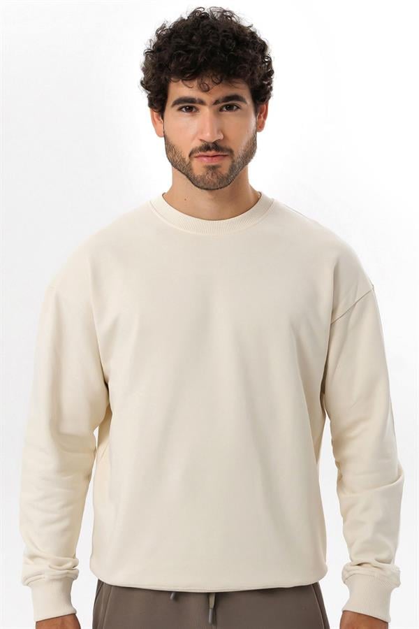 Escetic Erkek Ekru Şardonsuz 3 İplik Casual Kalıp Erkek Sweatshirt T0121