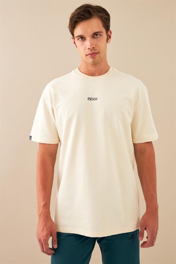 Escetic Erkek Ekru Spor Baskılı O Yaka Nefes Alan %100 Pamuklu Kumaş Oversize T-Shirt T0078
