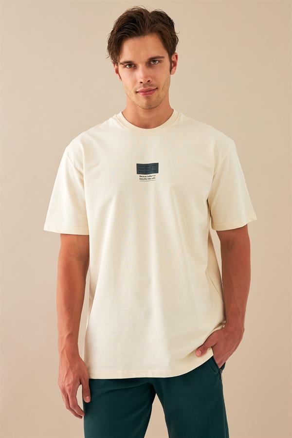 Escetic Erkek Ekru Spor Baskılı O Yaka Nefes Alan %100 Pamuklu Kumaş Oversize T-Shirt T0070