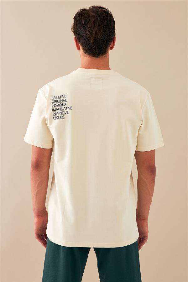 Escetic Erkek Ekru Spor Baskılı O Yaka Nefes Alan %100 Pamuklu Kumaş Oversize T-Shirt T0070