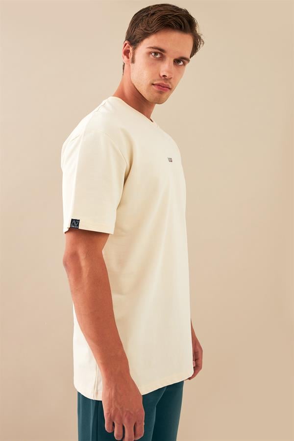 Escetic Erkek Ekru Spor Baskılı O Yaka Nefes Alan %100 Pamuklu Kumaş Oversize T-Shirt T0078