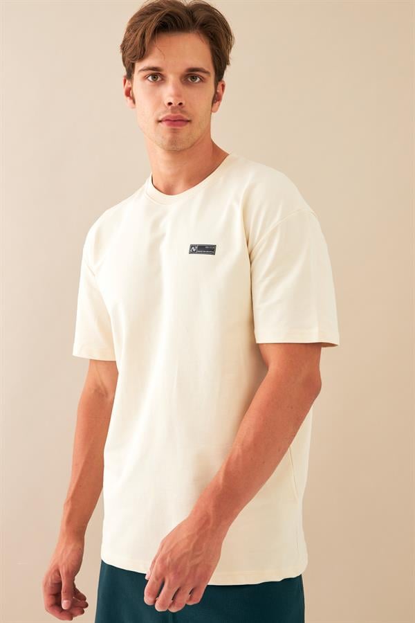 Escetic Erkek Ekru Spor Baskılı O Yaka Nefes Alan %100 Pamuklu Kumaş Oversize T-Shirt T0089