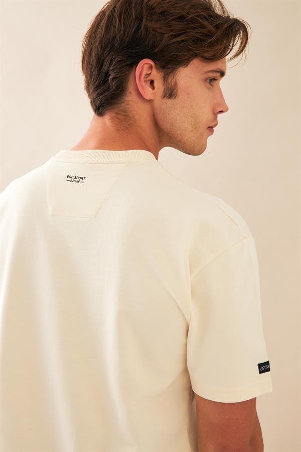 Escetic Erkek Ekru Spor Baskılı O Yaka Nefes Alan %100 Pamuklu Kumaş Oversize T-Shirt T0089