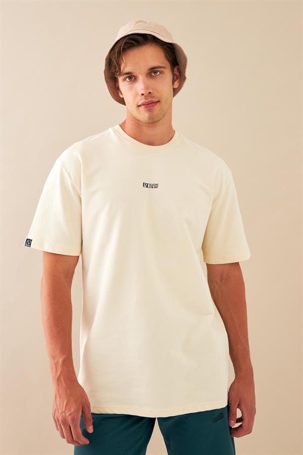 Escetic Erkek Ekru Spor Baskılı O Yaka Nefes Alan %100 Pamuklu Kumaş Oversize T-Shirt T0078